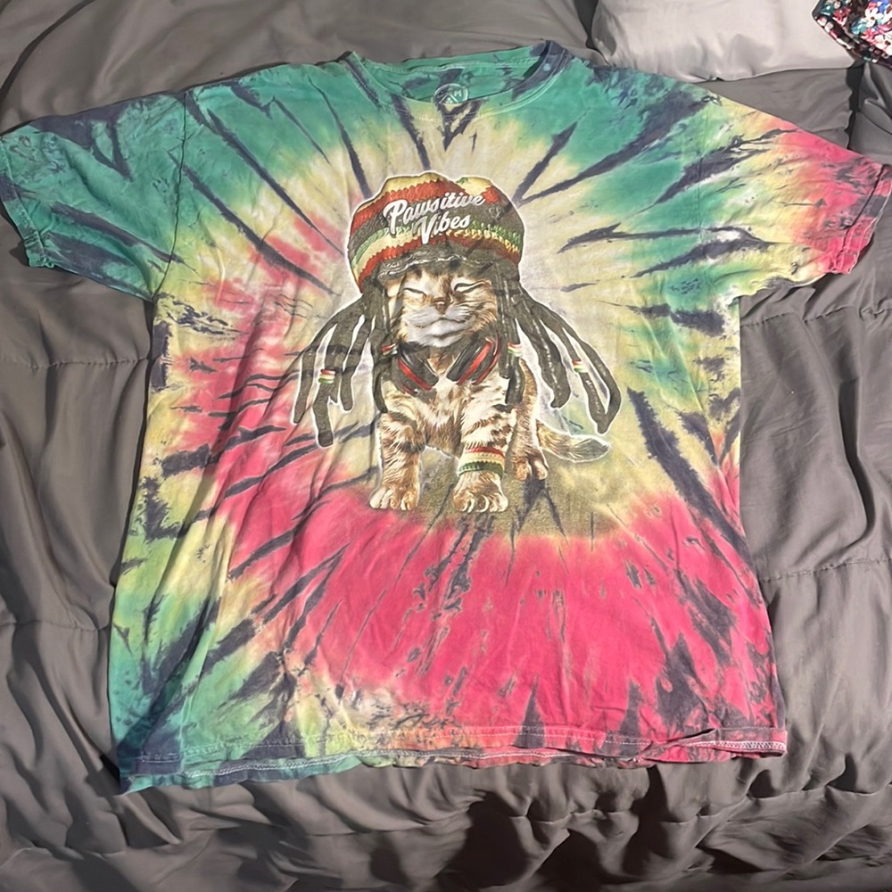 Tie dye, cat shirt, hippy, large